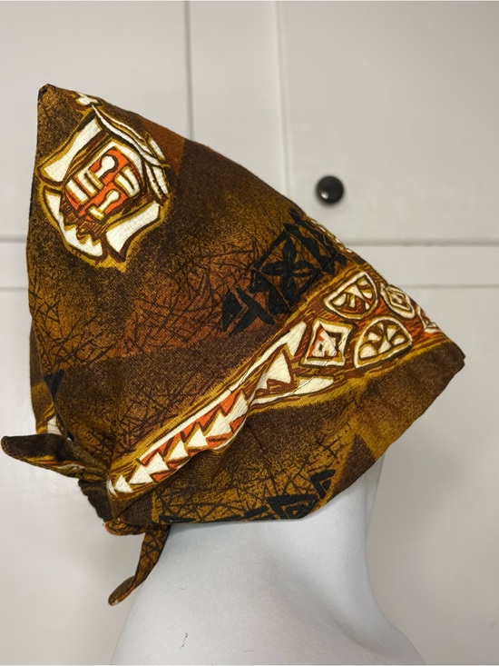 Vintage 60s/70s Hawaiian Tiki Orange Brown Head Scarf Hair Wrap